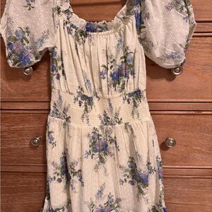 LoveShackFancy Floral Mini Dress in Cream and Blue